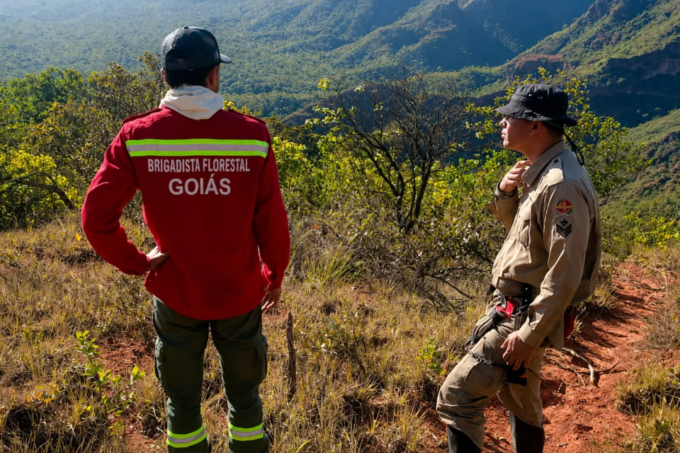 Bombeiro e brigadista que combate incêndio
