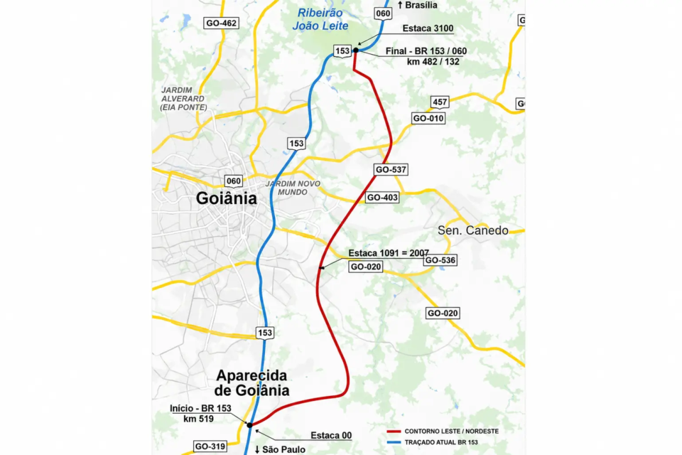 Traçado previsto do Novo Anel Viário da Grande Goiânia, que contornará a região metropolitana pelo leste e nordeste e fará conexões com importantes rodovias estaduais e federais (Foto: Reprodução Dnit)