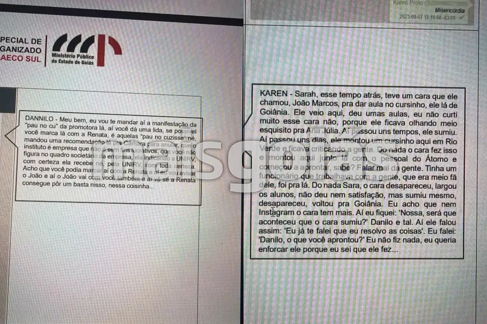 Diálogo entre Karen e Dannilo sobre desaparecimento de ex-funcionário que teria virado concorrente em Rio Verde (Foto: reprodução)