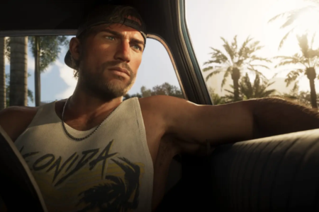 Personagem de GTA VI sentado dentro de um carro.