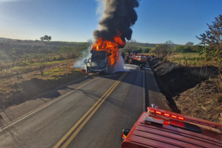 Todos os passageiros conseguiram deixar o veículo Ônibus pega fogo na BR-364, em Mineiros, e incêndio atinge vegetação; vídeo