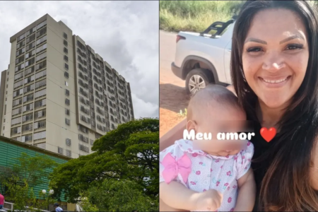 Fotomontagem mostra fachada do HC-UFG e foto da mãe com a filha, que aguarda cirurgia. O rosto da criança está borrado