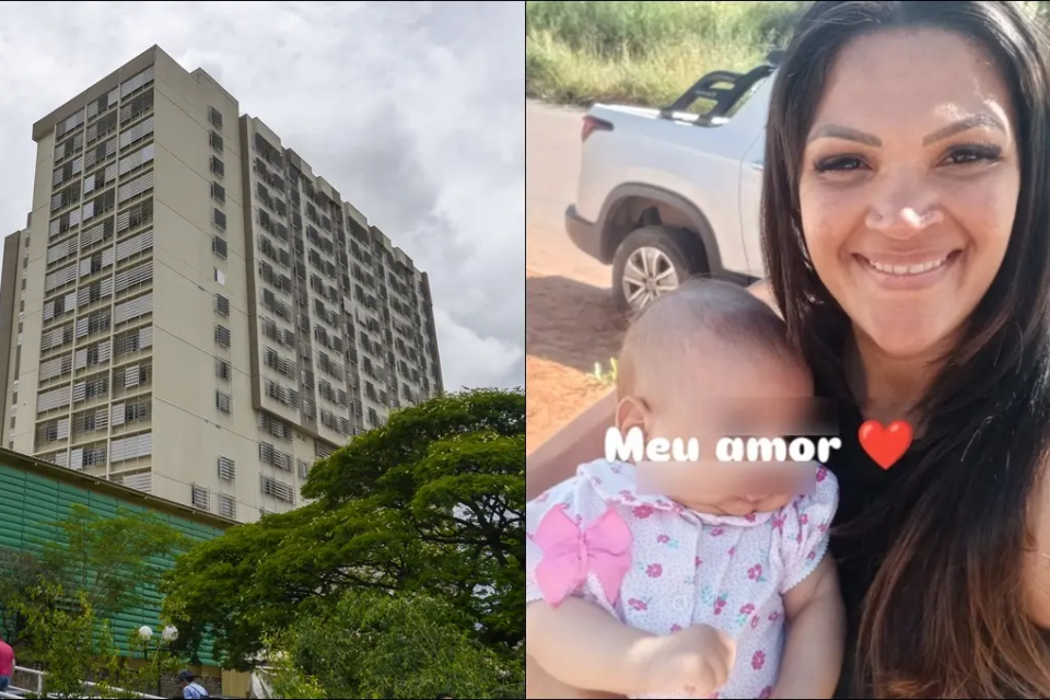 Fotomontagem mostra fachada do HC-UFG e foto da mãe com a filha, que aguarda cirurgia. O rosto da criança está borrado