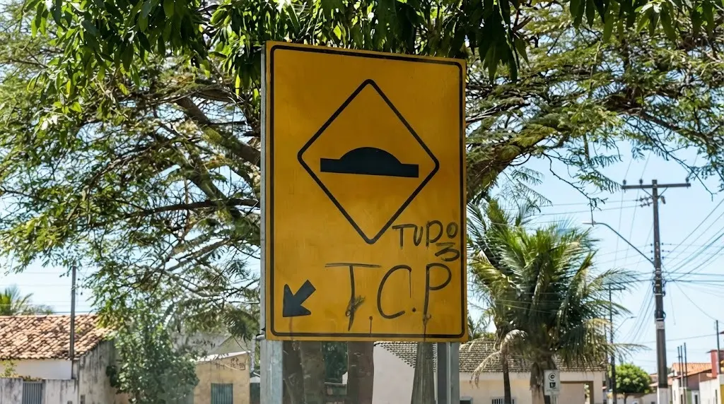 Foto mostra placa de lombada com inscrição da facção criminosa TCP em Goiás