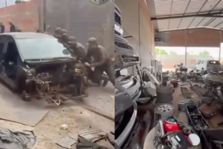 PMs encontraram veículos e centenas de peças automotivas sem procedência no galpão em Aparecida de Goiânia (Foto: Polícia Militar)
