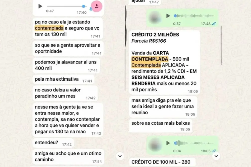 Prints de conversas entre Julliana e a mãe sobre os consórcios
