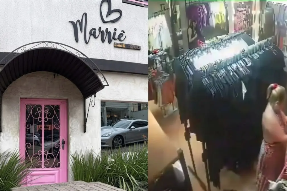 Mulher dentro de loja de moda feminina com roupas que, segundo a proprietária, foram colocadas dentro da bolsa