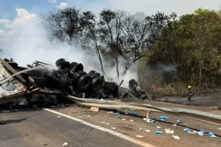 Caminhão destruído após bater no guard rail e pegar fogo na BR-153