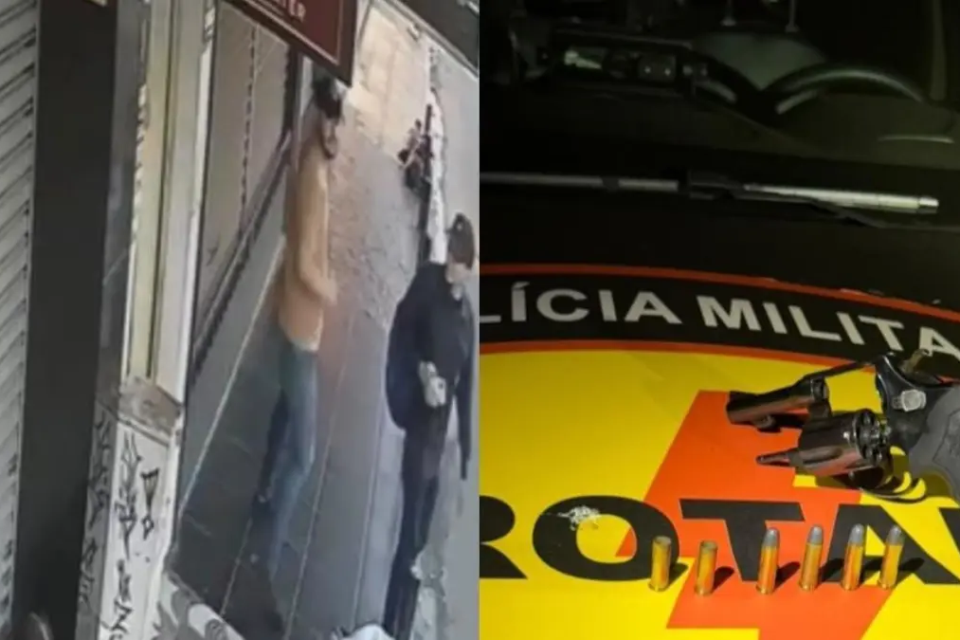 Suspeitos do roubo e arma apreendida - (Foto: reprodução/PM)