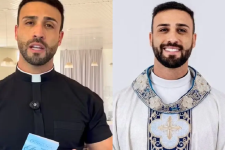 Padre 'padrão' chama atenção nas redes e vídeo de paróquia viraliza: "rogai por nós!" aparência do padre João Paulo