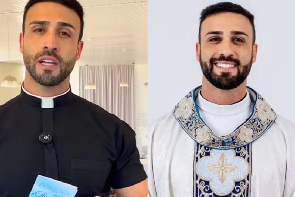 Padre 'padrão' chama atenção nas redes e vídeo de paróquia viraliza: "rogai por nós!" aparência do padre João Paulo