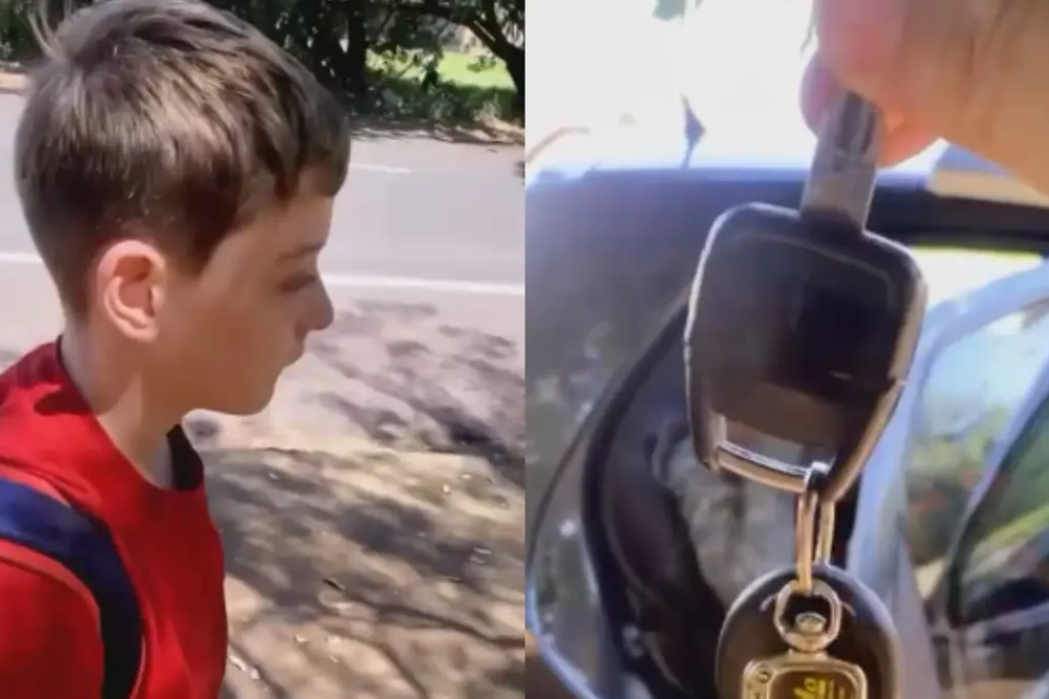 Pai mostra aos filhos carro que conseguiu comprar