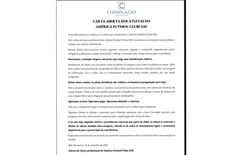 Carta aberta dos jogadores do América-MG devido a greve
