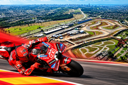 Montagem colorida do piloto Marc Márquez e de foto aérea do Autódromo de Goiânia (Fotomontagem: Mais Goiás) (Fotos: Ducati Team e Secom Goiás)