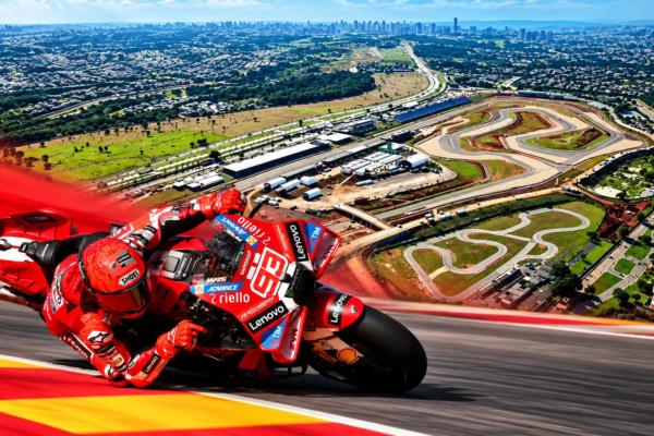 Montagem colorida do piloto Marc Márquez e de foto aérea do Autódromo de Goiânia (Fotomontagem: Mais Goiás) (Fotos: Ducati Team e Secom Goiás)