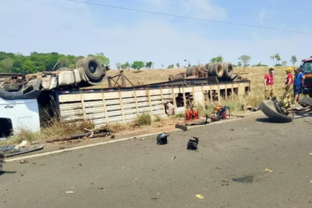 Colisão entre caminhão e carro deixa uma pessoa ferida e quatro bovinos mortos em Porangatu Vítima ficou presa às ferragens