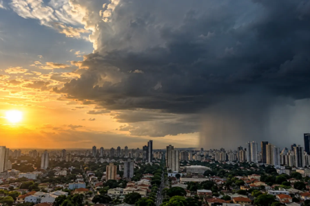 Calor intenso e formação de nuvens de tempestade ilustram a mudança na previsão do tempo em Goiânia nesta semana (Imagem: Glauber Mattos)
