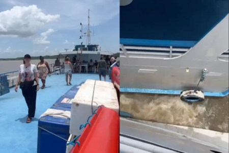 Artista circense Bolacha mostra o momento em que outra embarcação tenta puxar o barco para fora do barranco, mas não consegue, no Rio Amazonas (Foto: arquivo pessoal)