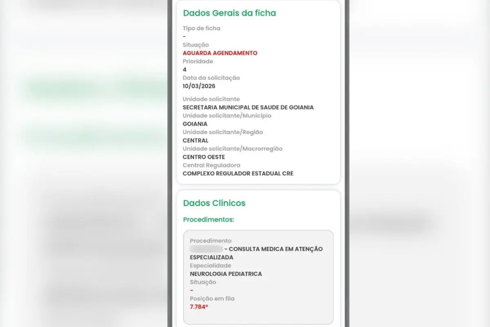 Pedido para Neurologia aparece no sistema com a informação “aguarda agendamento”, na posição 7.784 (Foto: arquivo pessoal)