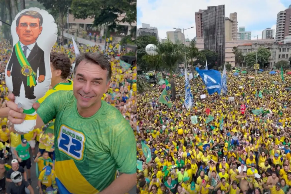 Pela manhã, neste sábado (24), Flávio Bolsonaro esteve em ato na Praça da Liberdade, em Belo Horizonte (MG) (Foto: redes sociais)