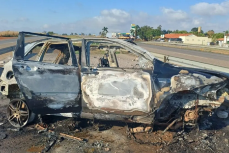 Carro carbonizado após acidente na BR-050, em Ipameri, Goiás