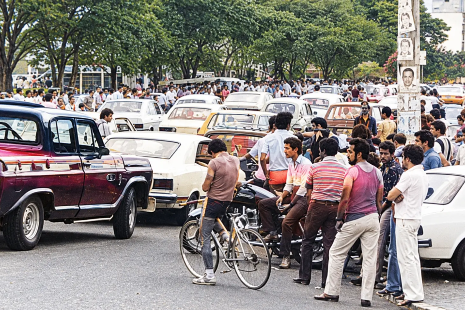 Praça Tamandaré, em Goiânia, reunia carros, motocicletas e moradores durante os tradicionais encontros de veículos na década de 1980 (Foto: Reprodução/Instagram @goiastemhistoria)