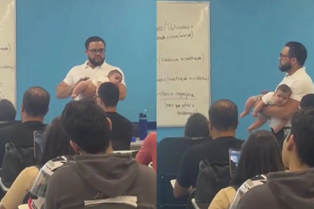 Professor dá aula de Direito com bebê bo colo