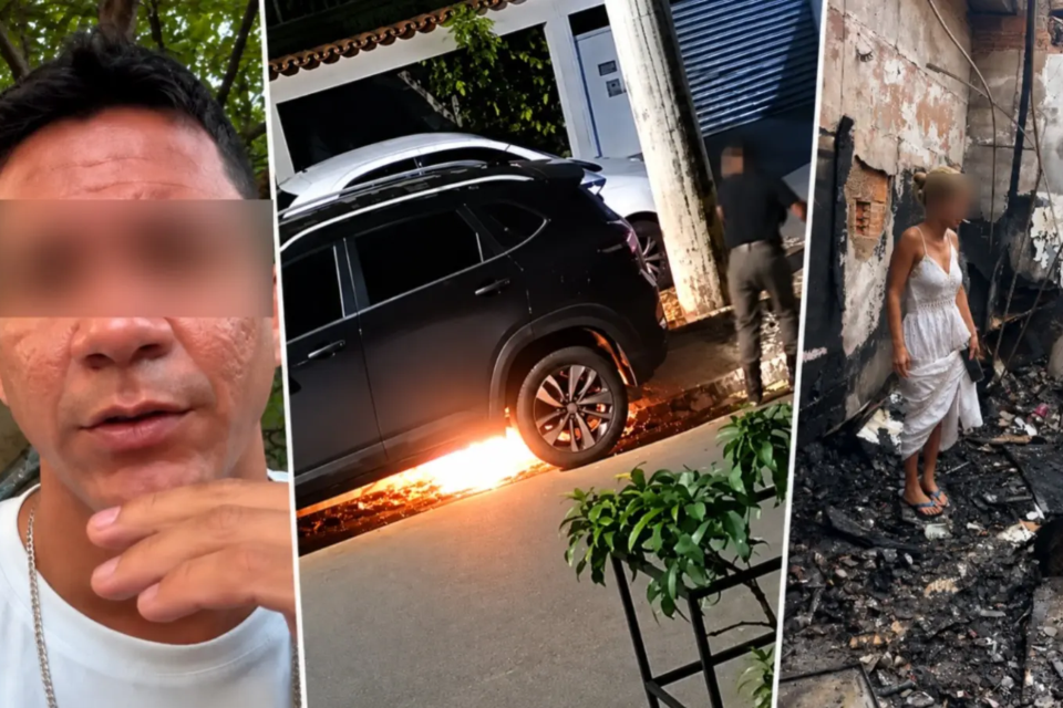 Fotomontagem colorida mostra rosto do suspeito nublado, ao lado de carro sendo incendiado e mulher checando estragos de incêndio em loja de Senador Canedo