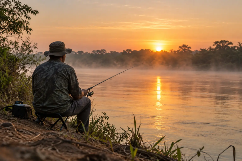 Pescador às margens de um rio ilustra a atividade de pesca, que terá restrições em Goiás durante a Piracema, de 1º de novembro a 28 de fevereiro de 2027 (Ibama)