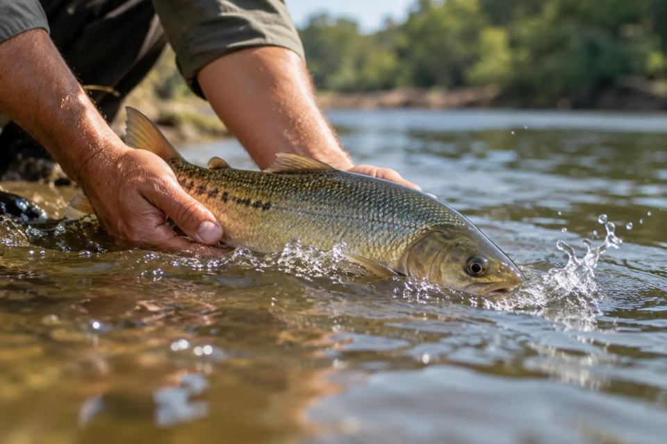 Devolução de peixe à água ilustra a prática do pesque e solte, modalidade permitida em reservatórios de Goiás durante a Piracema, conforme regras ambientais (Ibama)