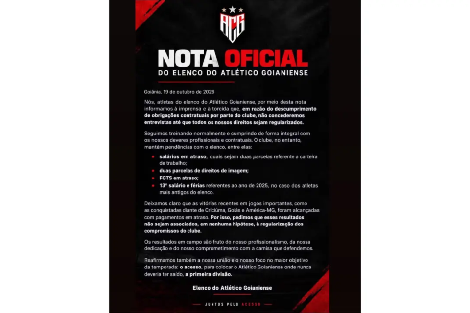 NOTA ELENCO ATLÉTICO SALÁRIOS ATRASADOS