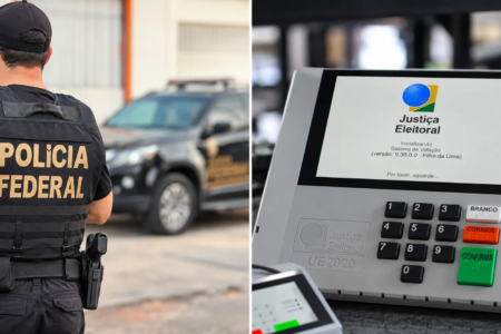 Montagem colorida mostra policial federal de costas e, em outra parte, urna eletrônica