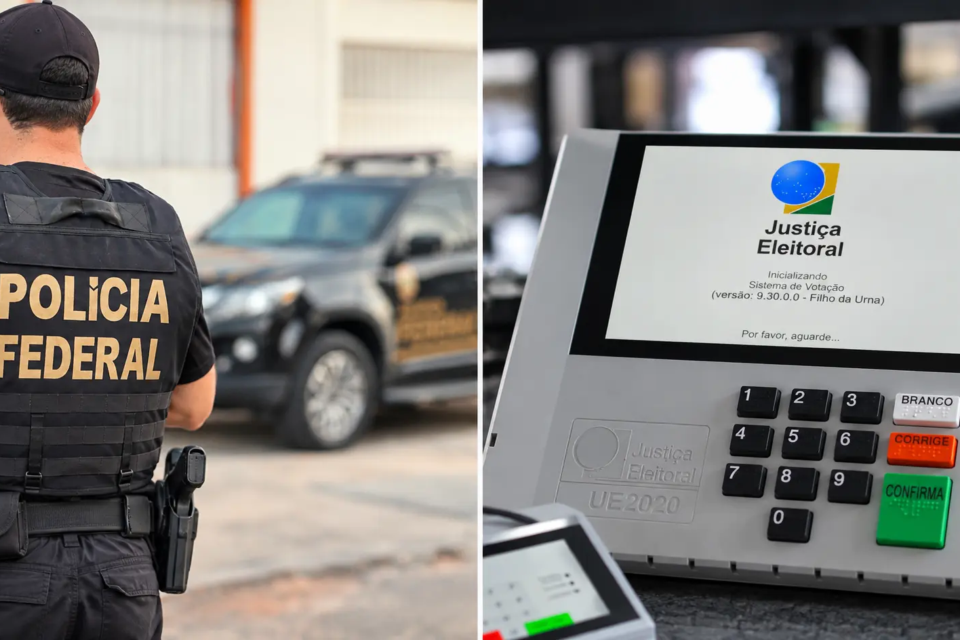 Montagem colorida mostra policial federal de costas e, em outra parte, urna eletrônica