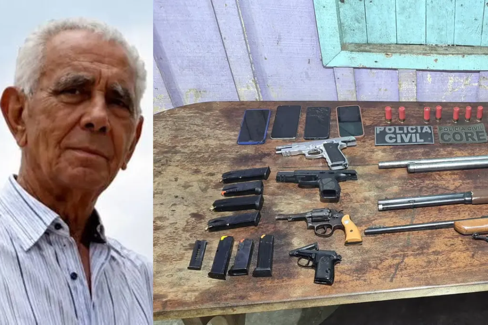 Montagem colorida mostra ex-prefeito de pontalina ao lado de armas apreendidas no Pará