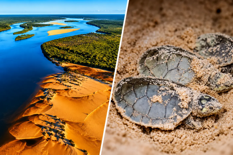 Montagem mostra vista aérea do Parque Estadual do Araguaia e de tartarugas no Refúgio da Vida Silvestre (RSV), no MT