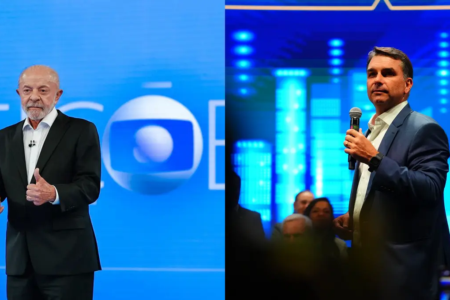 Montagem mostra Lula no debate da Globo e Flávio Bolsonaro em encontro com empresários