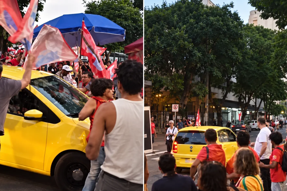 Imagens mostram carro amarelo cercado por manifestantes durante ato pró-Lula em Belo Horizonte, onde um idoso foi atropelado (Foto: Reprodução/Internet)